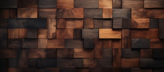Wall Mural - A close up of a brown hardwood wall made of square and rectangle fixtures. The wood stain enhances the natural beauty of the building material