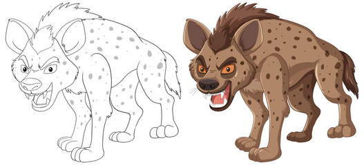 Sticker - Vector illustration of a hyena, showing sketch and final colored version.