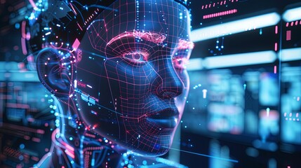 Poster - A highly detailed 3D digital representation of a human face with futuristic technology elements and data visualization. Futuristic Digital Human Face Visualization

