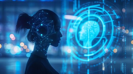 Poster - A woman interfacing with advanced cybernetic technology, showcasing a profile with digital connections and a futuristic HUD. Cybernetic Interface and Female Profile Concept

