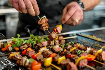 Wall Mural - A man is actively preparing a skewer of food on a grill, focusing on the cooking process with skewers over flames