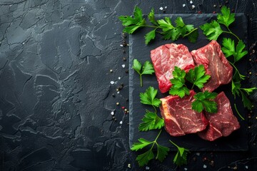 Wall Mural - A flat lay of raw meat decorated with parsley leaves on a slate board