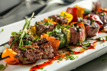 Wall Mural - A white plate showcasing gourmet-style steak and vegetable skewers, freshly grilled and ready to be enjoyed