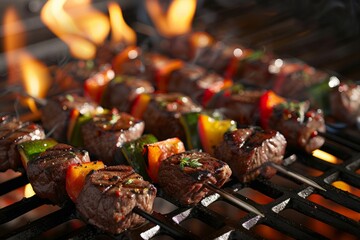 Wall Mural - A close up of meat and vegetables cooking on a grill, showing sizzling and charring
