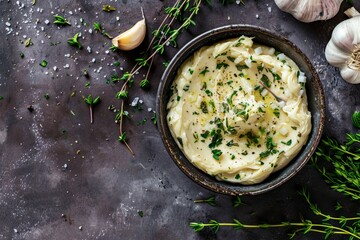 Wall Mural - Overhead view of a bowl filled with creamy mashed potatoes, topped with fresh herbs and garlic