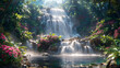 A hidden waterfall cascading through a lush jungle, sunlight filtering through the dense foliage and illuminating the mist rising from the falls