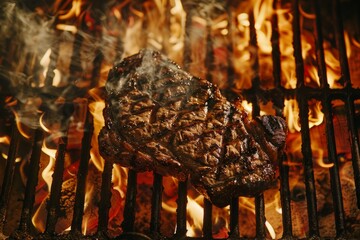 Wall Mural - A steak sizzling on a grill with flames underneath