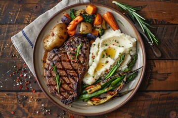 Wall Mural - Overhead view of a plate featuring a juicy steak, creamy mashed potatoes, and fresh asparagus