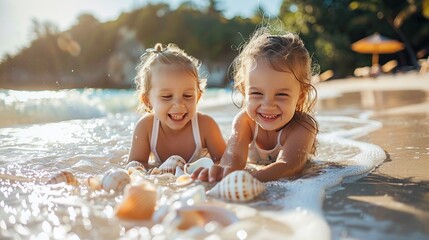 Wall Mural - A candid snapshot capturing the pure joy of two little girls collecting seashells along the shore of a tropical beach