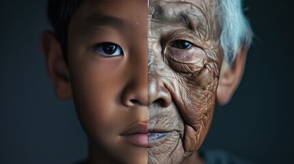 Wall Mural - The face is divided into two halves - half of an Asian boy and half of an old Asian man. Distinguishing childhood and old age, aging, maturation, longevity, lifespan, aging, gerontology.