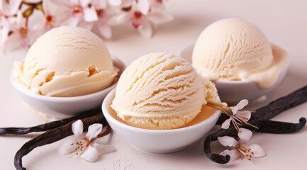 Vanilla ice cream, vanilla beans and vanilla flowers on the table.