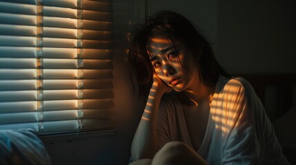 Wall Mural - A Domestic violence: Asian woman sitting depressed alone in bedroom Feeling sad and disappointed in love In a dark bedroom and sunlight from the window coming through the blinds.