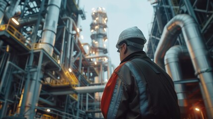 Wall Mural - close-up of industrial pipes of oil refinery, back of engineer, technician, reading drawing, drawing, industrial engineering, blueprint, industrial background.