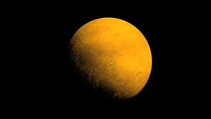 Wall Mural - Yellow planet with a cratered surface. A cosmic body is spinning in a dark universe.