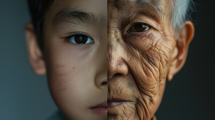 Wall Mural - The face is divided into two halves - half of an Asian boy and half of an old Asian man. Distinguishing childhood and old age, aging, maturation, longevity, lifespan, aging, gerontology.