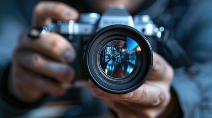 man is taking a picture with camera. the image has a moody and mysterious feel to it, with the man's