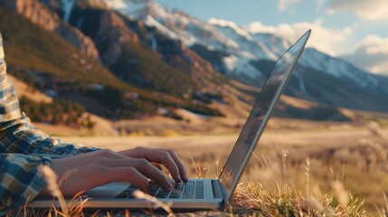 A young professional working remotely, typing on a laptop with a serene mountain landscape in the background