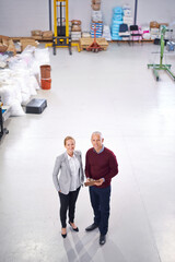 Poster - Inspection, teamwork or portrait of people in factory for stock in workshop, supply chain or production. Above, clipboard or happy managers in warehouse for industrial process, checklist or resources
