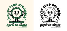 Retro Cartoon Character Sun Playing Skateboard, Hand Drawn Vector Illustration For T Shirt Design, Streetwear, Screen Printing