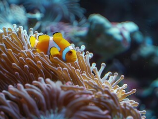 Poster - A small fish is swimming in a sea of anemones