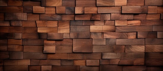 Poster - A close up of a brown wooden wall constructed using rectangular building material. The hardwood panels are stained with tints and shades, resembling brickwork