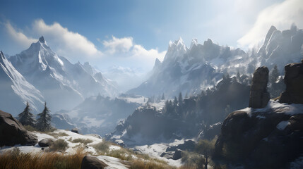 Wall Mural - Digital technology snow mountain landscape horizontal version poster wallpaper web page PPT background with generative