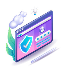 Poster - 3D Isometric illustration, Cartoon. Cyber security concept, protecting data and confidentiality. Vector icons for website