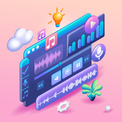 Poster - 3d isometric illustration, cartoon. music video edit. display for cutting video clip, working with a