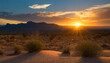 夕暮れの砂漠。広大な砂漠地帯の夕焼け。Desert at dusk. Sunset over a vast desert area.