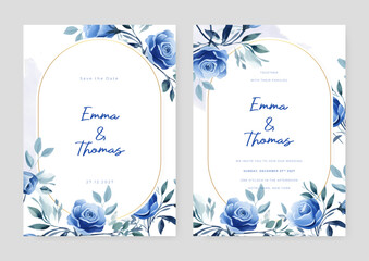 Poster - Blue rose beautiful wedding invitation card template set with flowers and floral