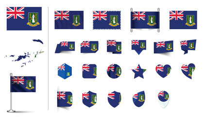 Wall Mural - set of British Virgin Islands flag, flat Icon set vector illustration. collection of national symbols on various objects and state signs. flag button, waving, 3d rendering symbols