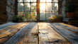 Rustic Wooden Table Surface with Blurred Countryside Barn Studio Backdrop for Peaceful and Serene Ambiance