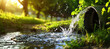 I've created an image that captures a serene park scene with a majestic fountain at its heart, surrounded by a lush forest and a gentle stream, embodying the peaceful flow and beauty of nature in the 