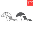 Umbrella and sun lounger line and glyph icon, summer and vacation, parasol and sunbed vector icon, vector graphics, editable stroke outline sign, eps 10.