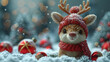 Cute Christmas deer wearing a red hat and scarf, surrounded by snowflakes and New Year decorations. Created with Ai