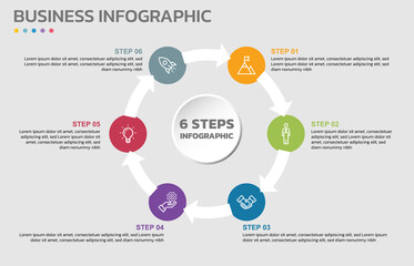 Poster - Visual data presentation. Cycle diagram with 6 options. Pie Chart Circle infographic template with 6 steps, options, parts, segments. Business concept. Marketing infographic vector illustration.