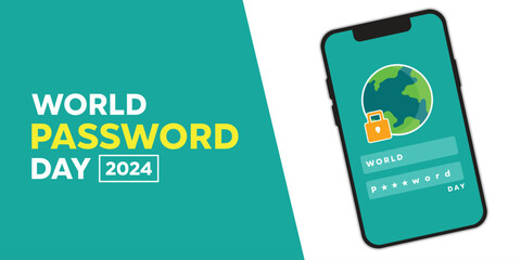 World Password Day. Smarthphone, earth, padlock and more. Great for cards, banners, posters, social media and more. Green and white background. 