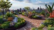 A tranquil rooftop garden overlooking the bustling city below filled with a variety of colorful plants and winding pathways.
