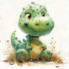 Wall Mural - Cute Funny Cartoon Dino, Illustration for Children Book, Generative AI