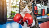 Fototapeta  - キジ白猫のファイトポーズ ボクシング ジム