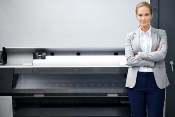 Canvas Print - Printer machine, woman and portrait with paper in printing factory, warehouse and manufacturing materials with tech. Creative sector, equipment and publisher with pride for packaging or distribution