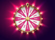Pink fortune wheel at backlight color realistic vector illustration. Gambling game chances. Casino roulette 3d object on rouge background