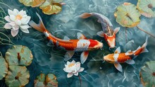 Vibrant Koi Fish Swimming Among Lily Pads - Three Koi Fishes Swim Gracefully Among Lily Pads And Lotus Flowers In A Serene Pond Setting, Evoking Calmness And Beauty