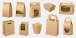 Paper bags and boxes for takeaway food realistic vector illustration set. Eco friendly packaging 3d objects on transparent background collection