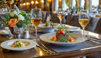 Wall Mural - served table in restaurant, Glasses of white wine served on table in restaurant