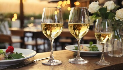 Wall Mural - glasses of champagne on table, Glasses of white wine served on table in restaurant