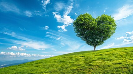 Green grass on slope with heart shape green tree under blue sky. Beauty nature. Good environment. World Environment Day. World day against drought and drought problems.