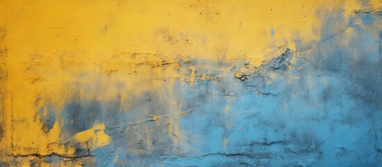 Poster - A vibrant close up of a yellow wall with electric blue stripes resembling a natural landscape. The pattern creates a striking visual arts effect, reminiscent of cumulus clouds on the horizon