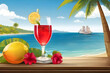 cocktail on the beach  drink, glass, cocktail, beach, wine, alcohol, summer, champagne, tropical, celebration, sea, rose, party, red,Ai generated 