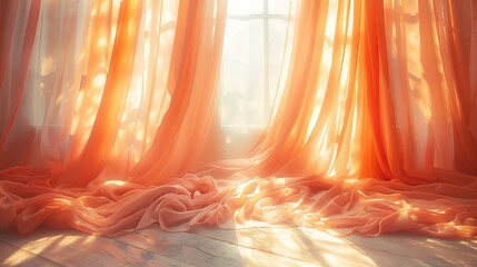 Sticker - Backlit window with delicate orange translucent curtains in an empty room. 